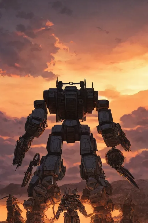 Prompt: A real photo of Samurai Mechwarrior Robot and the sunset in the distance, by Josan Gonzalez, Yoji Shinkawa and Geof Darrow, highly detailed, Unreal Engine Render, 3D, 8k wallpaper