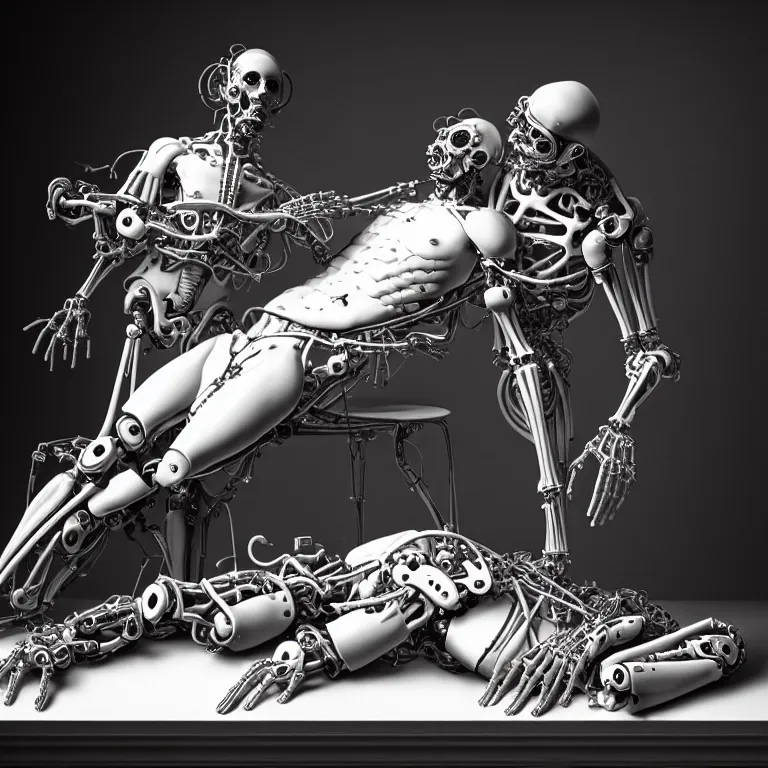 Prompt: still life of two biomechanical cyborg male lovers laying on a table, pastel flowers on a table, surreal alien ribbed pastel fruit, white human spine, baroque painting, beautiful detailed intricate insanely detailed octane render trending on Artstation, 8K artistic photography, photorealistic, chiaroscuro, Raphael, Caravaggio beautiful BW monochrome