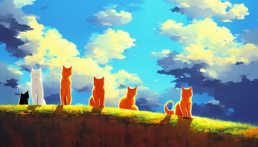 Image similar to contemporary semi abstract acrylic painting of really tall sitting cats by makoto shinkai, thick brush strokes and visible paint layers, glistening clouds in background