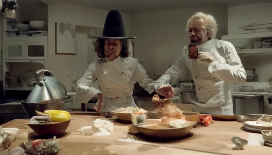Prompt: movie still by alejandro jodorowsky of a beautiful day in the kitchen in suburban usa, visible magic energy, dream creature costumes, floating browser windows and social media posts, fish, cinestill 8 0 0 t eastmancolor technicolor, high quality, very detailed, heavy grain, fine facial features, 8 k, octane render
