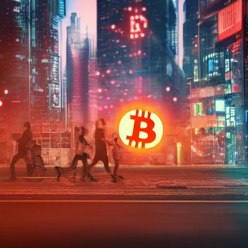 Image similar to crowd running scared from bitcoin, cyberpunk art, hyper-realistic, 4k