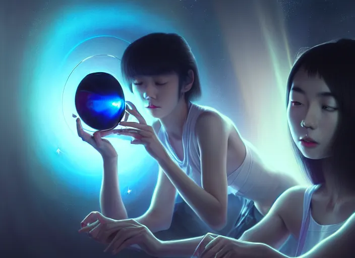 Prompt: beautiful teen Japanese analysing a hologram with alien artifacts, electrical case display, loose wiring, luxurious Aliens tech, ultrarealistic, dramatic lighting, electrical details, high details, 4k, 8k, best, accurate, trending on artstation, artstation, photorealism, ultrarealistic, digital painting, style of Peter Mohrbacher and Boris Vallejo and Wayne barlowe