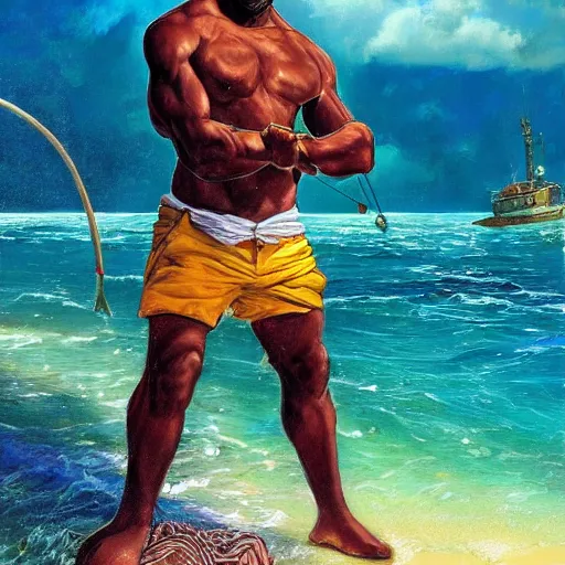 Image similar to Jamaican fisherman wearing calico cloth and posing in a battle stance in the Jamaican sea, style by Ross Tran and Artgerm and Peter Mohrbacher