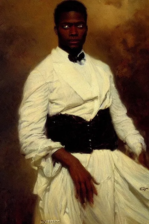 Image similar to portrait of a sophisticated black man in a pristine white dress shirt. his eyes are black pits of cosmic darkness. art by gaston bussiere.