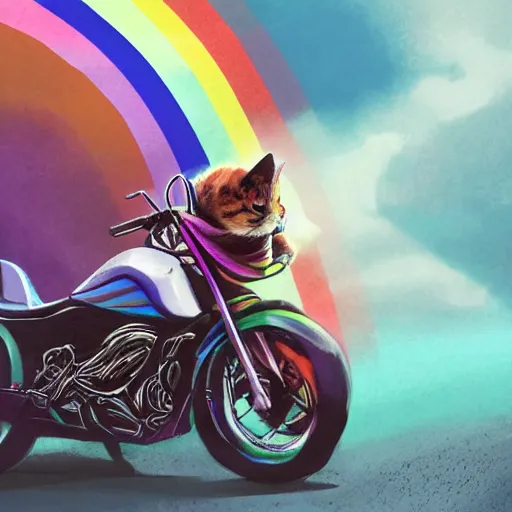 Image similar to wide angle full body, jacket wearing fluffy cute rainbow kitten wearing a black leather motorcycle jacket, riding on a motorcycle, cinematic concept art