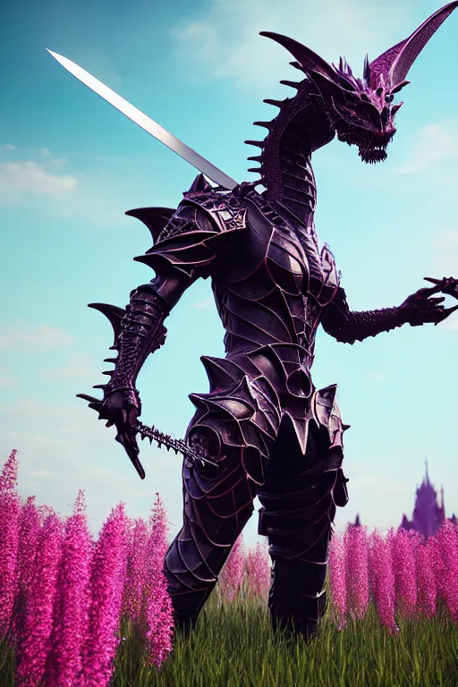 Prompt: high quality 3 d neo - gothic armored human dragon hybrid with sword in a field of pink flowers, highly detailed unreal engine, vitaly bulgarov dramatic dark teal light, ground angle hd 8 k, sharp focus