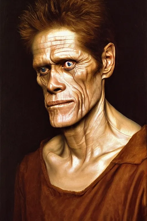 Image similar to an extremely high quality hd, portrait painting of 4 0 year old willem dafoe, renaissance oil painting, studious chiaroscuro, by h. r. ( hans ruedi ) giger, featured on cgsociety, afrofuturism, dystopian art, 8 k, ultra realistic, very realistic