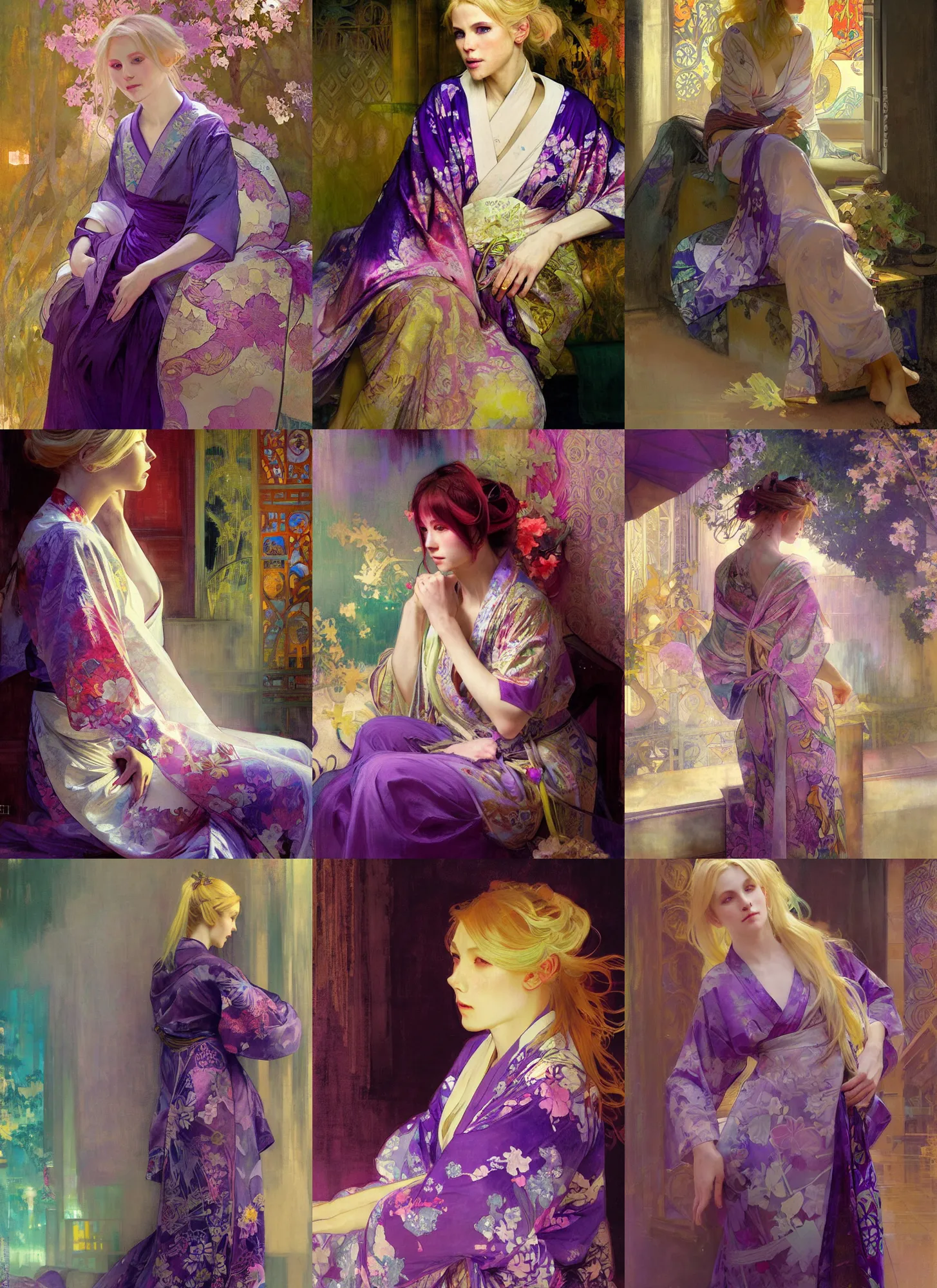 Prompt: a beautiful blond woman wearing a colorful yukata, by jeremy mann and alphonse mucha, dramatic lighting, ethereal, roman columns, night, purple lighting