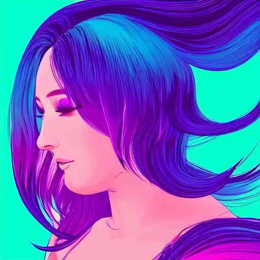 Prompt: a award winning head and torso portrait of a beautiful woman in a croptop with a ombre purple pink teal hairstyle with head in motion and hair flying, outrun, vaporware, vivid colors, highly detailed, fine detail, intricate