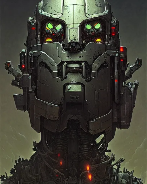 Image similar to bastion from overwatch, evil robot, character portrait, portrait, close up, concept art, intricate details, highly detailed, horror poster, horror, vintage horror art, realistic, terrifying, in the style of michael whelan, beksinski, and gustave dore