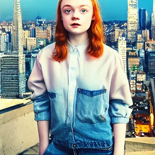 Image similar to sadie sink, portrait with buzzcut hair and city background, smokewave aesthetic