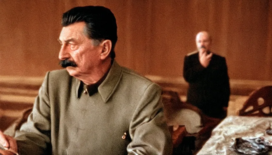 Image similar to movie still by tarkovsky portrait of an old stalin, cinestill 8 0 0 t 3 5 mm, heavy grain, high quality, high detail