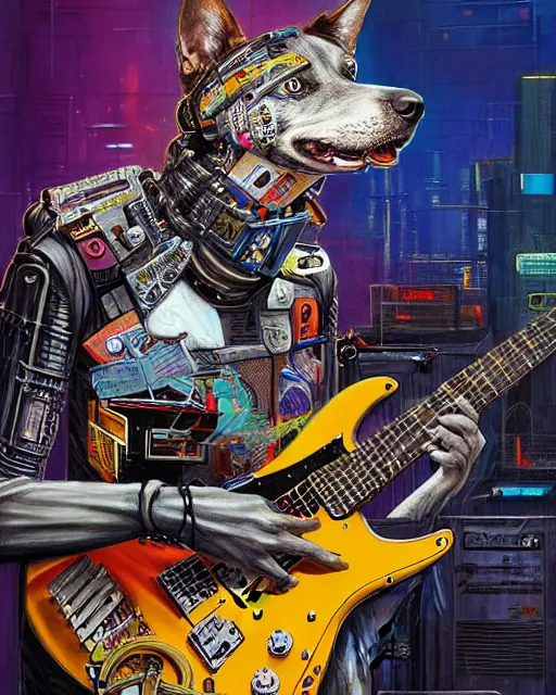 Prompt: a portrait of an anthropomorphic cyberpunk dog, shredding an electric guitar by sandra chevrier, by jon foster, detailed render, epic composition, cybernetics, 4 k realistic, fender stratocaster, cryengine, realistic shaded lighting, sharp focus, masterpiece, by enki bilal