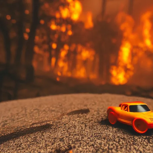 Image similar to macro photography of a toy hot wheels car driving through a forest fire, 3 5 mm