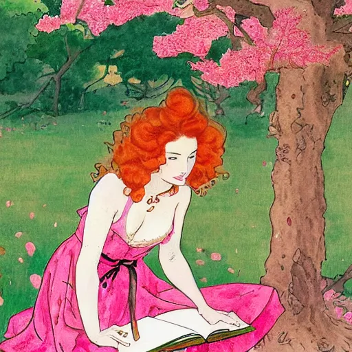 Image similar to beautiful ittle girl with long curly red hair dressed in a pink kimono and sitting next to a tree while reading a book, artwork made in western comic art style, inspired in balthus, anatomically correct, higher details