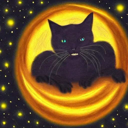 Image similar to black cat with glowing eyes looking up at the moon in a very dark open field at midnight with fireflies in the air and lots of stars in the sky, digital painting, highly detailed, magical, beautiful