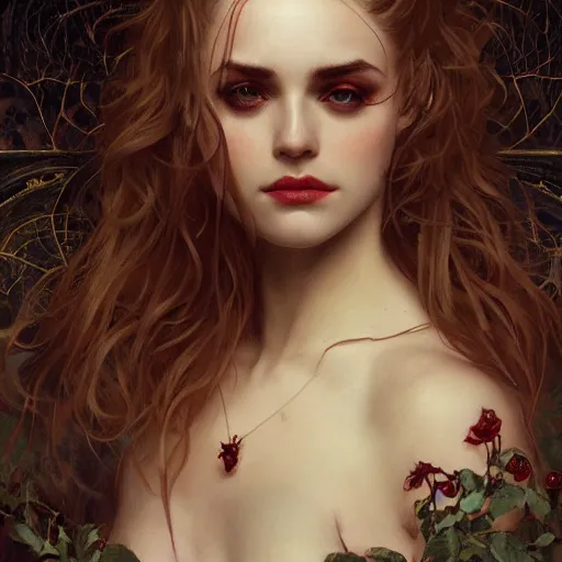 Prompt: portrait of very beautiful vampire, rose thorn crown, thorns everywhere, headshot, pale skin, 4k, rule of thirds, extreme detail, detailed drawing, trending artstation, hd, fantasy, D&D, realistic lighting, by Alphonse Mucha, Greg Rutkowski, sharp focus, backlit, velvet hair, elegant