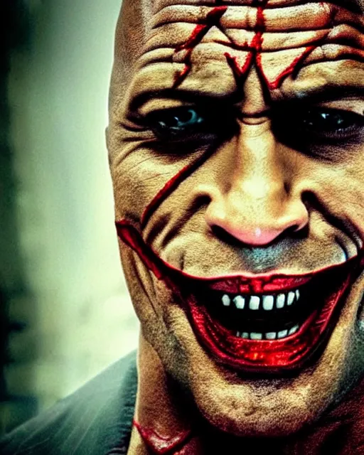 Image similar to Film still close-up shot of Dwayne The Rock Johnson as The Joker from the movie The Dark Knight. Photographic, photography