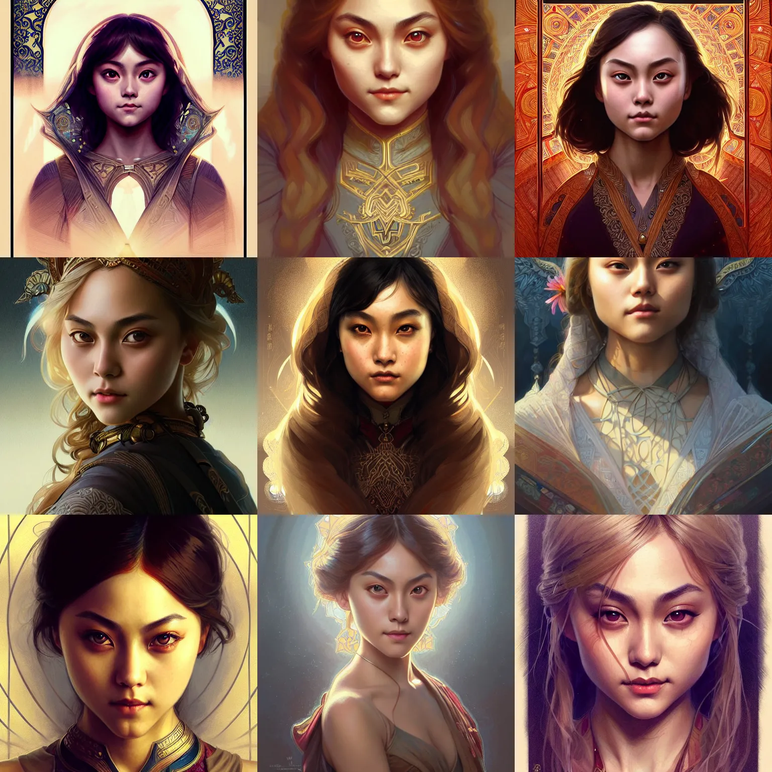 Prompt: asian annasophia robb, symmetrical portrait, d & d, fantasy, intricate, elegant, highly detailed, digital painting, artstation, concept art, smooth, sharp focus, illustration, art by artgerm and greg rutkowski and alphonse mucha