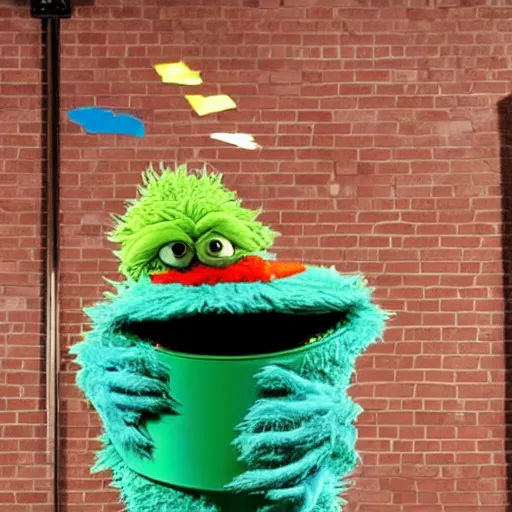 Prompt: oscar the grouch ascends to heaven, photo from sesame street