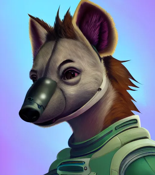 Prompt: digital detailed portrait of anthromorphic female hyena, in style of zootopia, fursona, furry, furaffinity, 4 k, deviantart, wearing astronaut outfit, in style of disney zootopia, floating in space, space background, in deep space, dark background, hyena fursona, cyberpunk, female, detailed face,