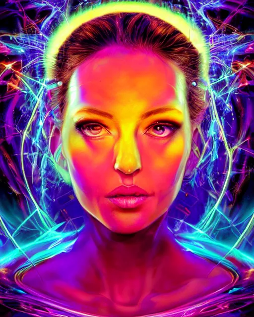 Image similar to a powerful energy psychedelic matrix woman, by alexander fedosav, hyper detailed digital matte painting, concept art, hyperrealism, 1 6 k resolution, cinema 4 d, 8 k resolution, trending on artstation, behance hd, a masterpiece, by stephan martiniere, particles, cel - shaded, power bright neon energy, by david a. hardy,