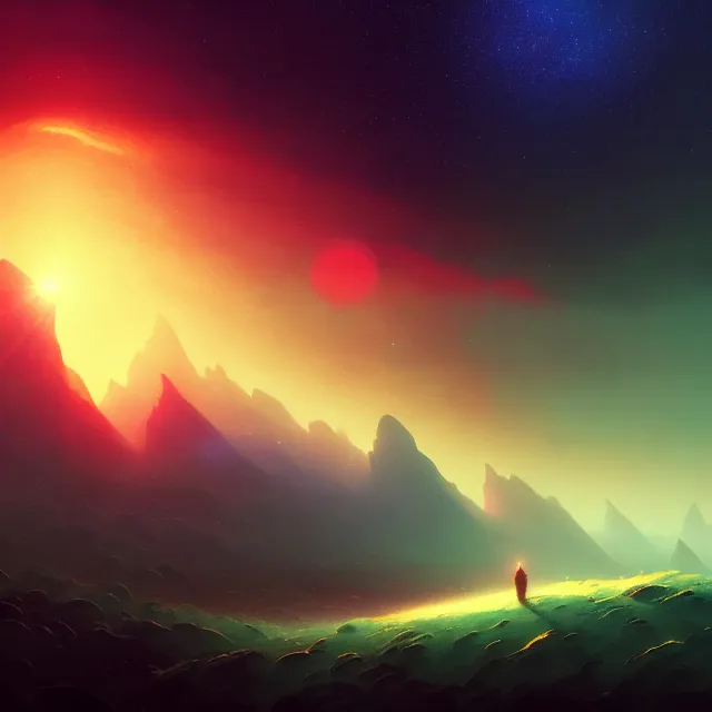 Image similar to very closeup view of the human eye, volumetric lighting, colorful, sharp and focus, ultra detailed, beautifully lit landscape, astrophotography, in the art style of dan mumford, ivan aivazovsky and marc simonetti