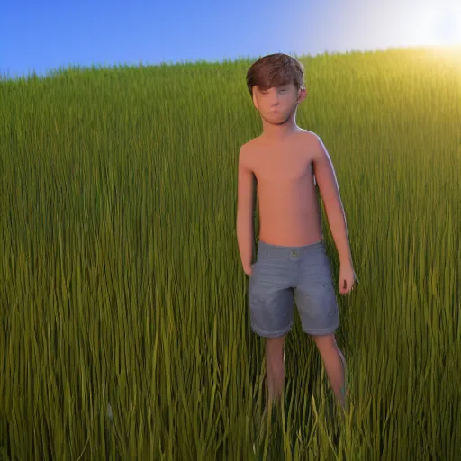 Prompt: detailed boy standing in a grass field with the sun in the background, unreal engine 5 rendered, incredibly highly detailed and realistic, 8 k, sharp focus, studio quality