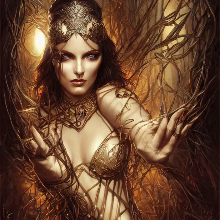 Image similar to a highly detailed symmetrical painting of a sorceress with piercing beautiful eyes, dark tomb setting, dynamic lighting, ambient lighting, deviantart, art by artgerm and karol bak and mark brooks