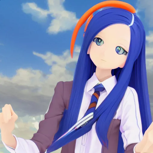 Image similar to a girl with long blue hair wearing a school uniform, computer graphics by Miyazaki, featured on pixiv, holography, official art, full body, 3d