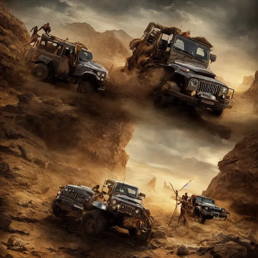 Image similar to Mahindra thar, tribe members attacking, action scene, an epic fantasy, dramatic lighting, cinematic, establishing shot, extremely high detail, photorealistic, cinematic lighting, artstation, by christopher nolan, horizon forbidden west