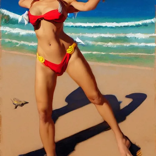 Image similar to greg manchess painting of tracer wearing a bikini in a beach, medium shot, organic painting, sunny day, bold shapes, hard edges, street art, trending on artstation, by huang guangjian and gil elvgren and sachin teng and artgerm and greg rutkowski and alphonse mucha