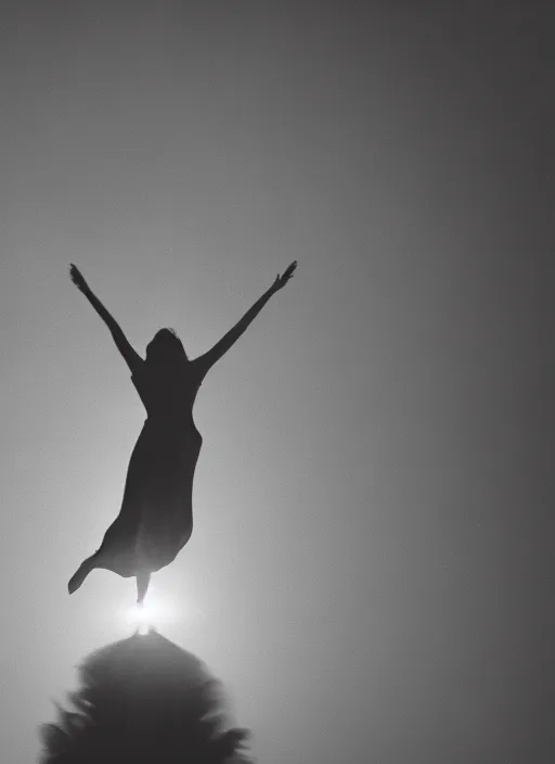 Image similar to female ascending into the sky, glowing aura, motion blur, out of focus, film grain, cinematic lighting, experimental film, echoes, shot on 1 6 mm