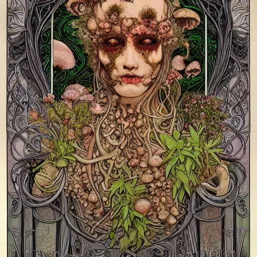 Image similar to a beautiful detailed front view portrait of a rotten woman corpse with fractal plants and fractal flowers and mushrooms growing around, symmetrical, ornate, ornamentation, illustration, in the style of art nouveau, mucha