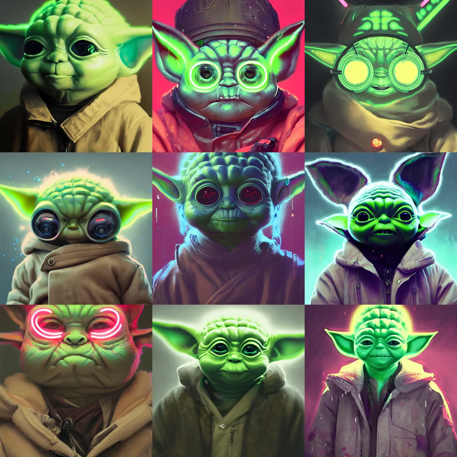 Prompt: detailed portrait of Neon baby yoda, cyberpunk futuristic neon, reflective puffy coat, decorated with traditional Japanese ornaments by Ismail inceoglu dragan bibin hans thoma greg rutkowski Alexandros Pyromallis Nekro Rene Maritte Illustrated, Perfect face, fine details, realistic shaded, fine-face, pretty face