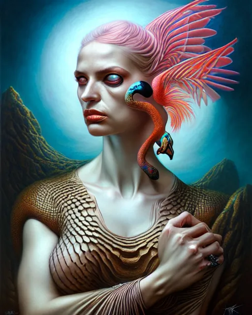 Image similar to a detailed portrait of dreampunk flamingo python hybrid mix goddess by tomasz alen kopera and peter mohrbacher