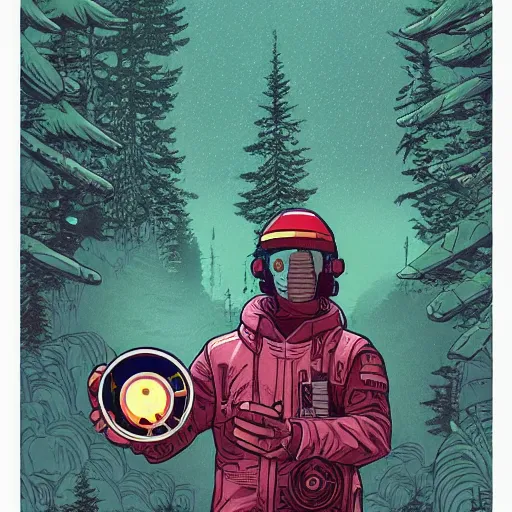 Image similar to Stunning 8k illustration of cyberpunk explorer holding his small circular robot friend in his hand, forest in background, highly detailed, by Victo Ngai and James Gilleard , Moebius, Laurie Greasley