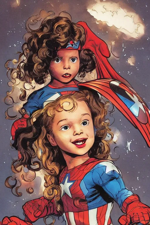 Image similar to a little girl with a mischievous face and light brown curly wavy hair. she is dressed as captain america, spider - man, batman, captain marvel, a superhero. clean elegant painting, beautiful detailed face. by steve ditko and jack kirby and greg rutkowski