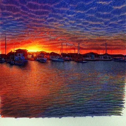 Image similar to Colored pencil art on paper, Venetian port village Sunset reflecting light of the water, highly detailed, artstation, MasterPiece, Award-Winning, Caran d'Ache Luminance