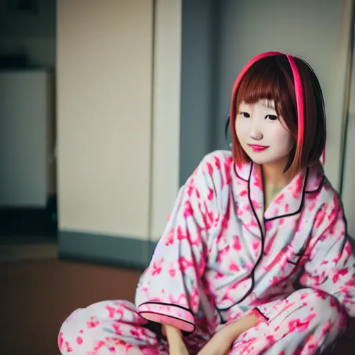 Prompt: photo of a cute Japanese girl wearing comfy pajamas, kawaii, high depth of field, 4k, 70 mm, sigma lens, reflection, exposured, saturated