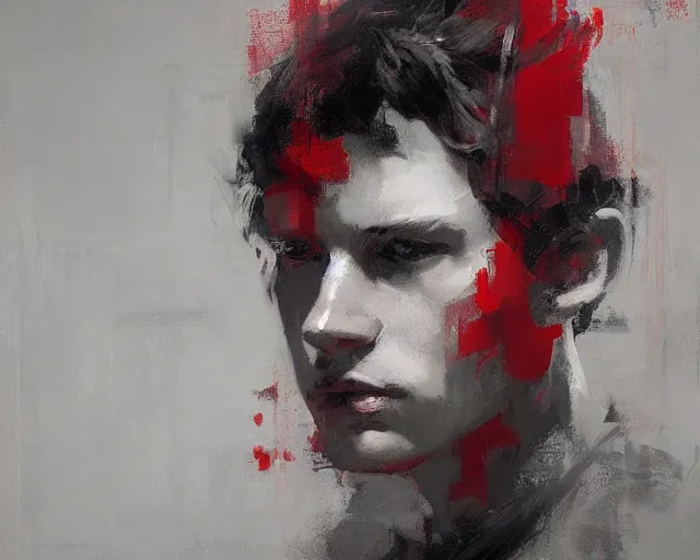 Image similar to portrait of young jacen solo caedus in shades of grey but with red and green by jeremy mann