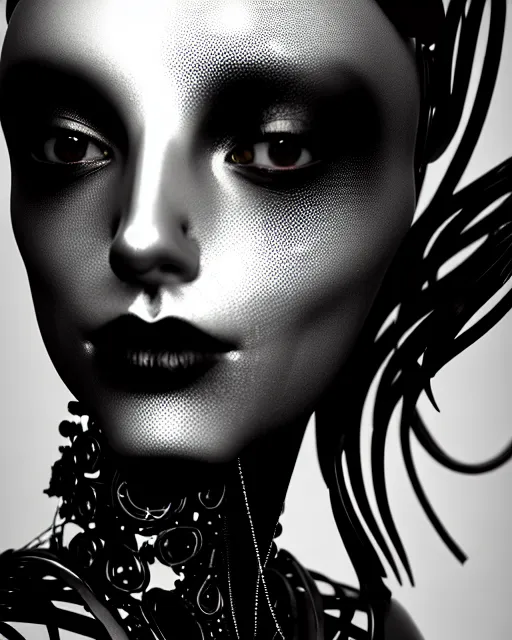 Prompt: black and white dreamy foggy poetic smoky profile face portrait, one silver steampunk realistic eye biomechanical beautiful angelic young female cyclope - cyborg - robot bust, body ribs meshes,, volumetric light, hibiscus flowers, by cecile beaton, rim light, big gothic fashion pearl embroidered collar, 8 k