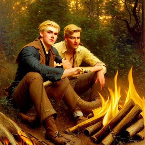 Prompt: attractive blonde male and attractive brunet male, in the woods near the fire. highly detailed painting by gaston bussiere, craig mullins, j. c. leyendecker 8 k