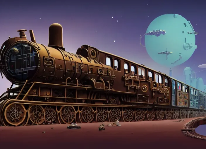 Image similar to a steampunk train by paolo eleuteri serpieri and tomer hanuka and chesley bonestell and daniel merriam and tomokazu matsuyama, unreal engine, high resolution render, featured on artstation, octane, 8 k, highly intricate details, vivid colors, vector illustration