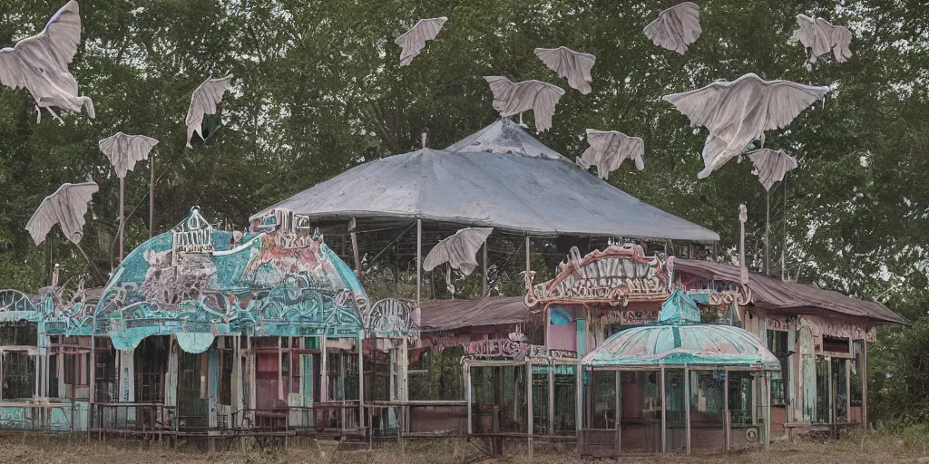 Prompt: elephant spirits flying above an abandoned amusement park tent