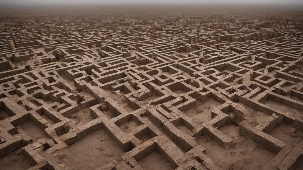 Prompt: surreal ancient ruins of a giant maze in the desert, photography by zhang kechun