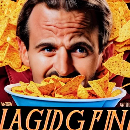 Image similar to movie poster of laughing man eating nachos