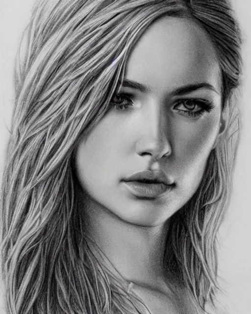 Image similar to pencil drawing of a beautiful greek goddess aphrodite with arrowhead earrings, beautiful piercing eyes, beautiful blonde hair, hyper realistic face, in the style of greg rutkowski, fantasy, amazing detail, epic, elegant, smooth, sharp focus, from the front