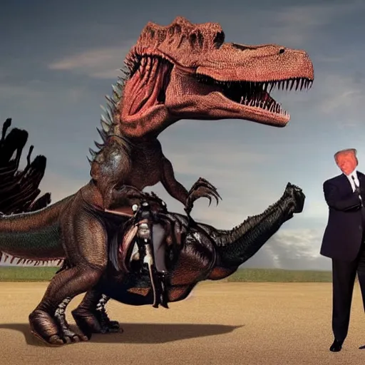 Image similar to Real professional photograph of Donald Trump riding a T-Rex