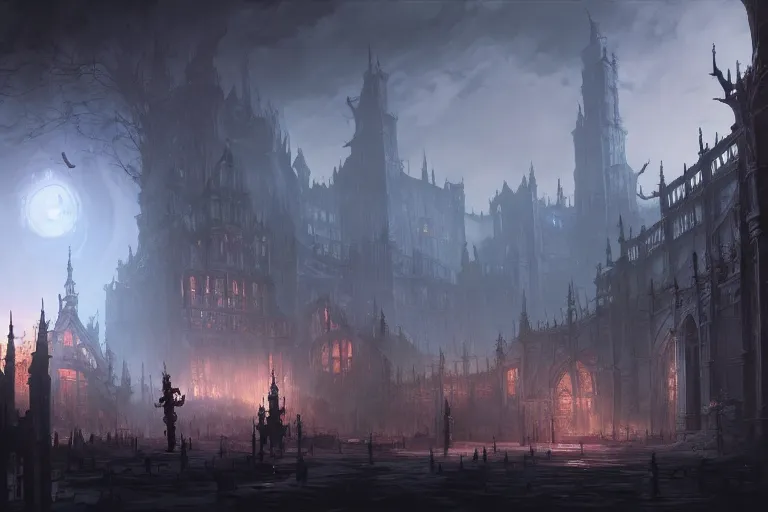 Image similar to collaborative environment concept art by Tyler Edlin, Andy Park, Feng Zhu, James Paick, Ryan Church, in the style of Bloodborne